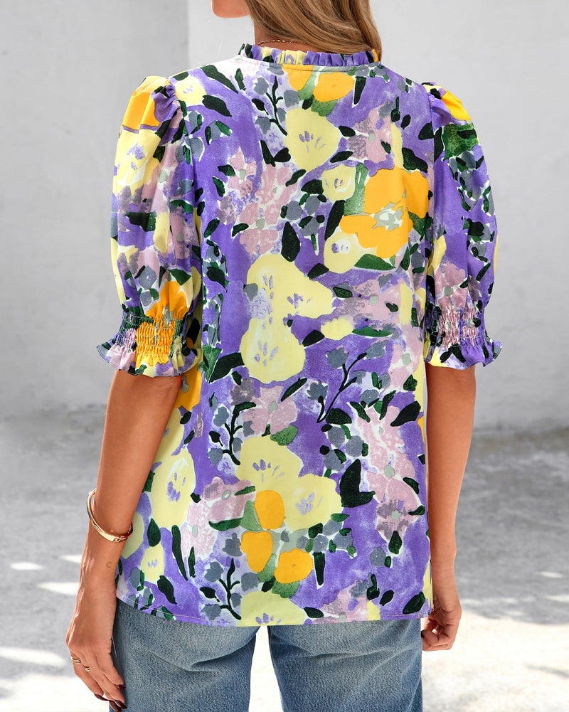 BTFBM Summer Blouses for Women Dressy Casual 2026 Fashion Spring Tops Floral Boho V Neck Puff Short Sleeve Top Shirts(Floral Purple Yellow, Small) - Image 3
