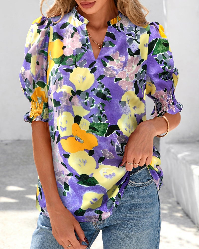 BTFBM Summer Blouses for Women Dressy Casual 2026 Fashion Spring Tops Floral Boho V Neck Puff Short Sleeve Top Shirts(Floral Purple Yellow, Small) - Image 2