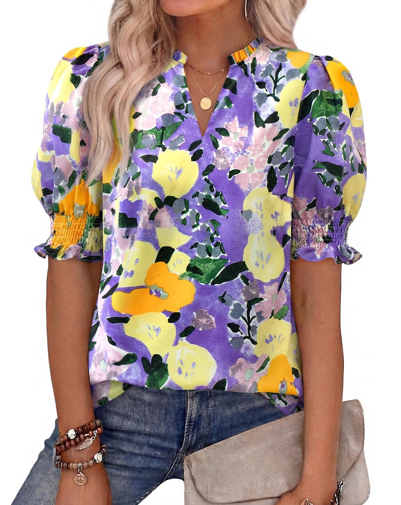 BTFBM Summer Blouses for Women Dressy Casual 2026 Fashion Spring Tops Floral Boho V Neck Puff Short Sleeve Top Shirts(Floral Purple Yellow, Small) - Image 1