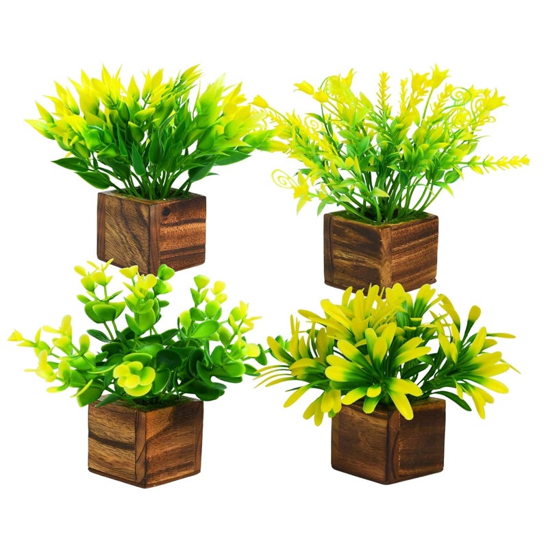 DecoreBugs Artificial Potted Plants in Wooden Pot (4 Pack) Eucalyptus Plants Small Plants for Home Decor | Office Decor |DB-8147 - Image 1