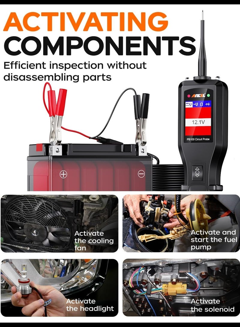 Ancel PB100 Automotive Circuit r Power Probe Kit Diagnostic Test Tool Vehicle Electrical System Current Voltage Resistance Diodes Detector with LCD Screen Flashlight for 12V to 24V - Black - Image 5
