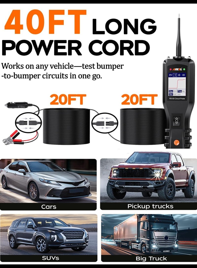 Ancel PB100 Automotive Circuit r Power Probe Kit Diagnostic Test Tool Vehicle Electrical System Current Voltage Resistance Diodes Detector with LCD Screen Flashlight for 12V to 24V - Black - Image 4