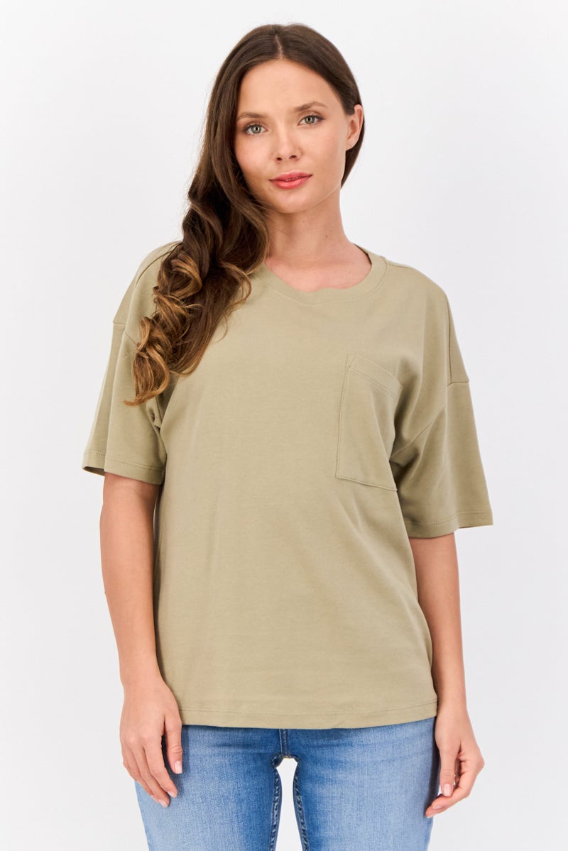 ESPRIT Women Crew Neck Plain T-Shirt, Light Olive - Image 1