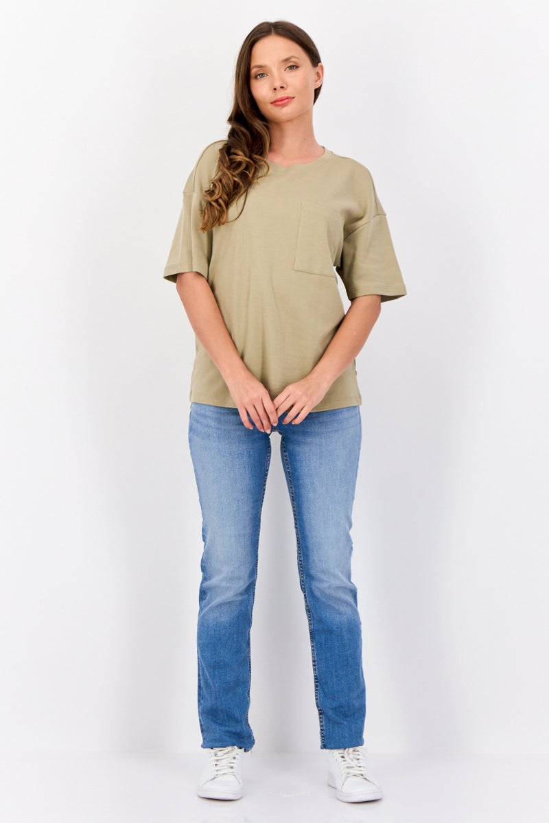 ESPRIT Women Crew Neck Plain T-Shirt, Light Olive - Image 3