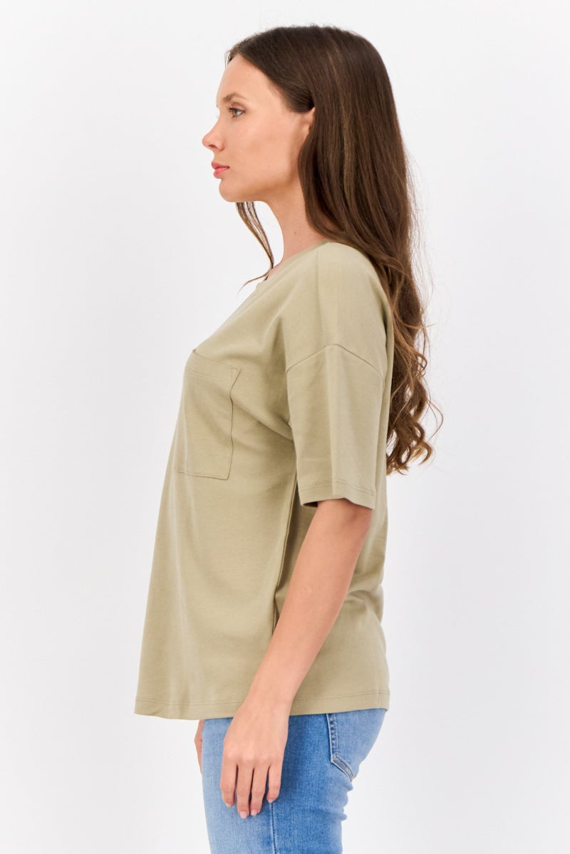 ESPRIT Women Crew Neck Plain T-Shirt, Light Olive - Image 4