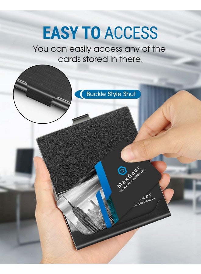 MaxGear Metal Business Card Holder For Men & Women, Professional Stainless Steel Card Case For Business Cards, Slim Purse Name Card Holders With Interior Lining, Buckle Style Shut, Black  - Image 2