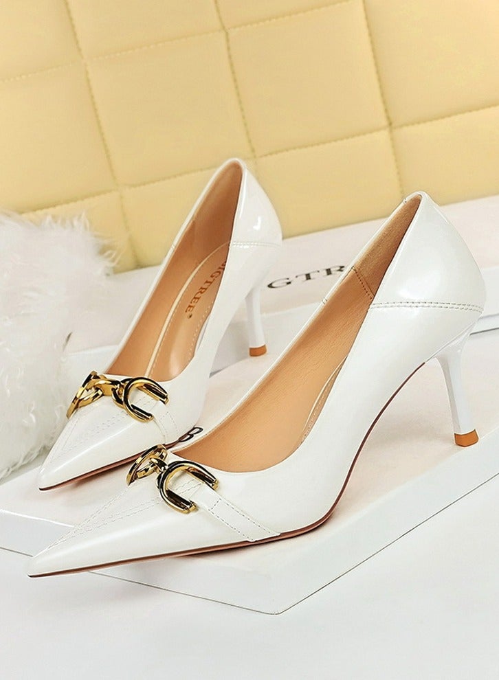 بيج تري Women's Elegant Stiletto Pumps With Metal Belt Buckle 7CM Fashion Gorgeous Closed Pointed Toe Slip On Solid High Heels White