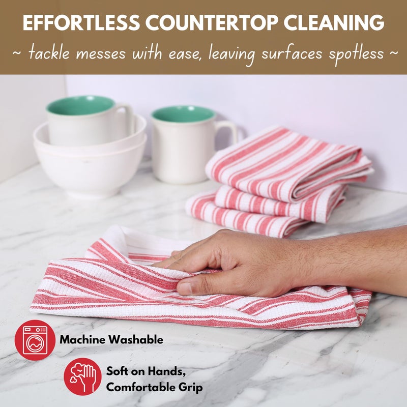 Native Fab 100% Cotton Red Kitchen Towels - 16x26 inches - Set of 4 - Basket Weave Stripe Dish Towels for Cleaning, Drying Dishes, Absorbent Dish Cloths Set with Hanging Loop - Red White - Image 5