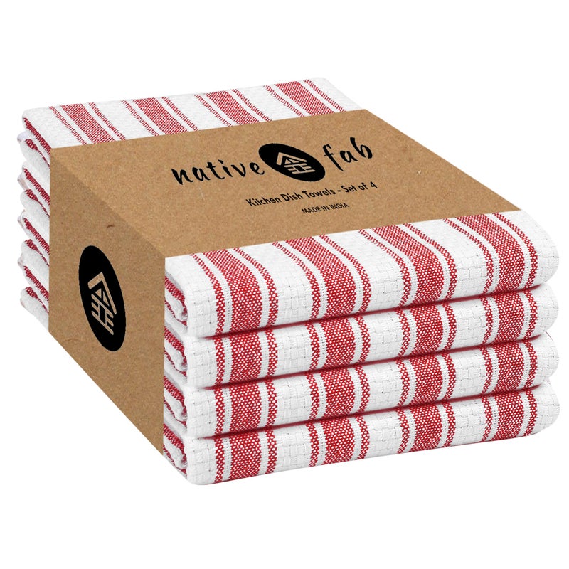 Native Fab 100% Cotton Red Kitchen Towels - 16x26 inches - Set of 4 - Basket Weave Stripe Dish Towels for Cleaning, Drying Dishes, Absorbent Dish Cloths Set with Hanging Loop - Red White - Image 1