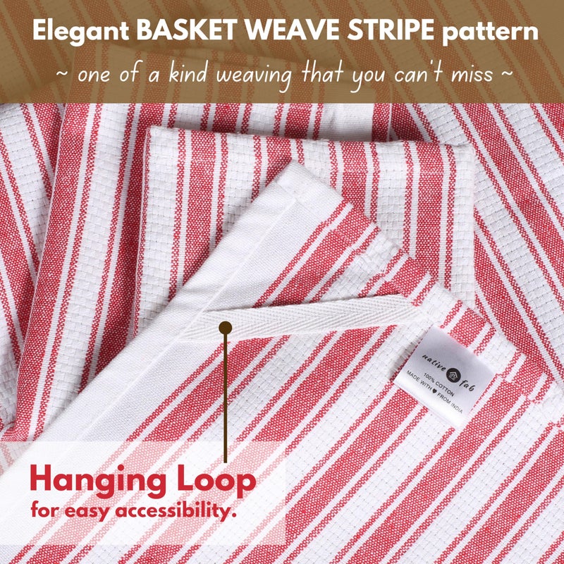 Native Fab 100% Cotton Red Kitchen Towels - 16x26 inches - Set of 4 - Basket Weave Stripe Dish Towels for Cleaning, Drying Dishes, Absorbent Dish Cloths Set with Hanging Loop - Red White - Image 4