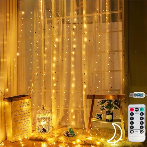 Honche 300Led Fairy Curtain String Lights 10x10ft with Remote Window Lights for Bedroom Wedding Party Festive Season Propose Christmas Decoration(Warm White) - Image 5