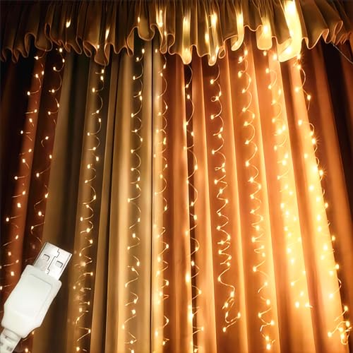 Honche 300Led Fairy Curtain String Lights 10x10ft with Remote Window Lights for Bedroom Wedding Party Festive Season Propose Christmas Decoration(Warm White) - Image 3