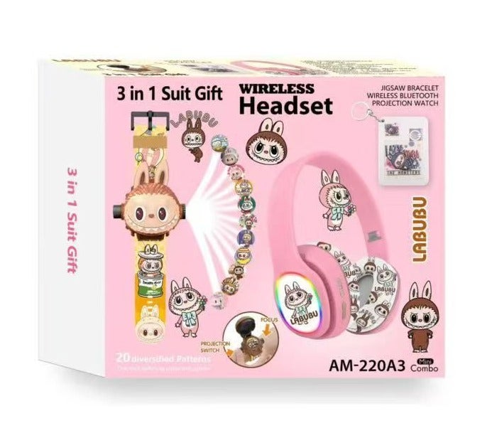 LABUBU Kids Bluetooth Headset with 3-in-1 Gift Set 【Kids Bluetooth Headset】 + 20-Style Projector Clock + Keychain; A Special Gift for Girls - Image 3