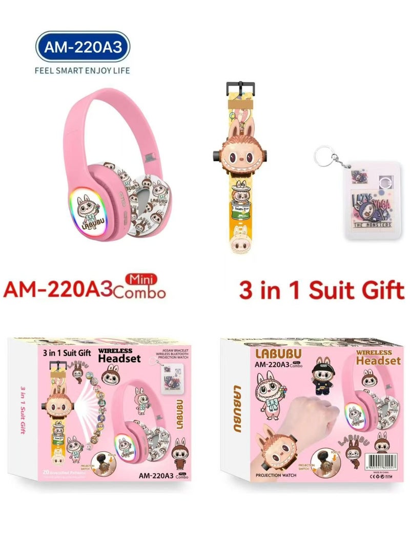 LABUBU Kids Bluetooth Headset with 3-in-1 Gift Set 【Kids Bluetooth Headset】 + 20-Style Projector Clock + Keychain; A Special Gift for Girls - Image 4