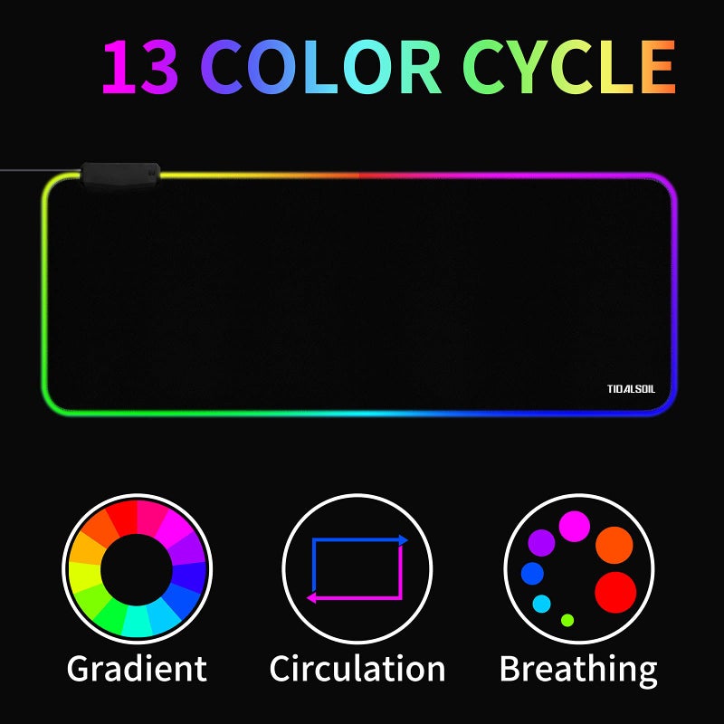 TIDALSOIL RGB Large Gaming Mouse Pad with 4Port USB Hub and 13Lighting Modes, Computer Keyboard Mouse Pad, Oversize Anti-Slip Rubber Base Mouse Mat for Computer PC Games (31.5 x 11.81 in Black,0.15in Thick) - Image 2