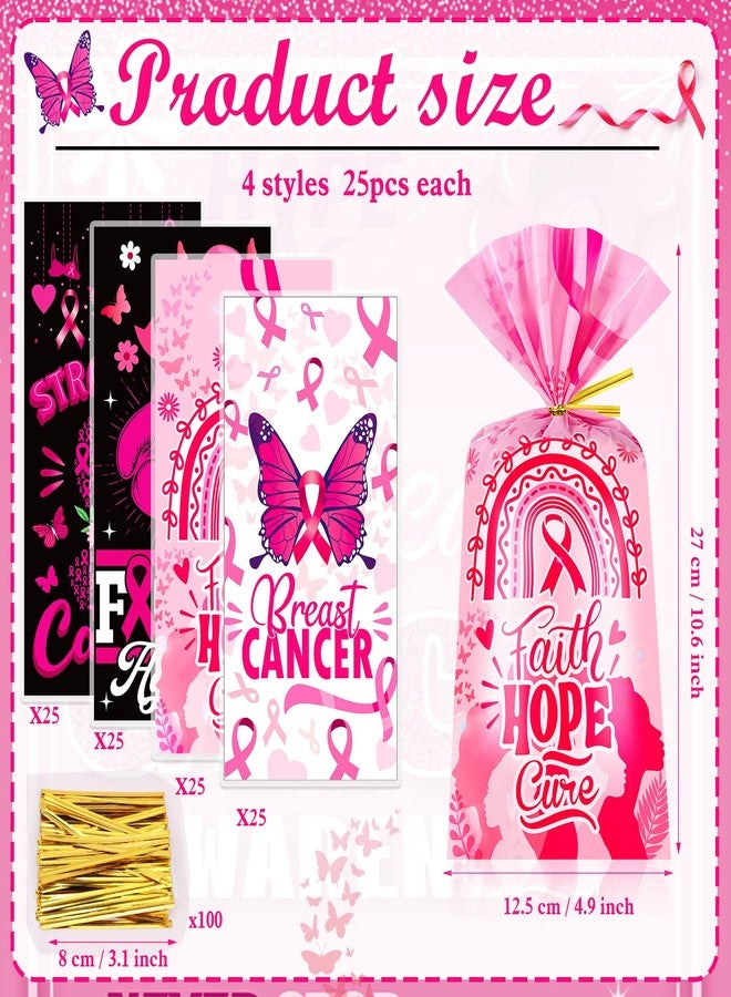HOWAF 100pcs Breast Cancer Awareness Cellophane Gift Bags, Black Pink Ribbon Treat Candy Goodie Bags with Twist Ties for Women Breast Cancer Awareness Party Supplies Pink Ribbon Gift Wrapping - Image 2