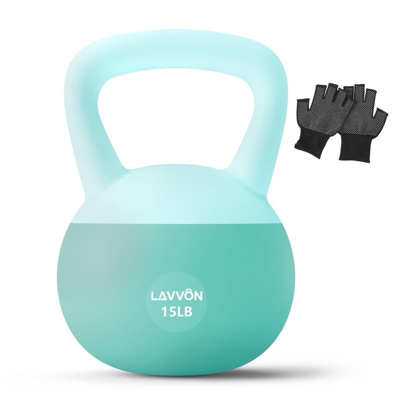 LAVVON Soft Kettlebell - Cushioned Impact-Resistant Base and Anti-Slip, Kettle bell Anti-Slip Grip Weight for Home Workouts, Safe Strength Training Kettlebells Sets for Women & Men, With Non-slip Gloves (Green, 15 LB) - Image 1