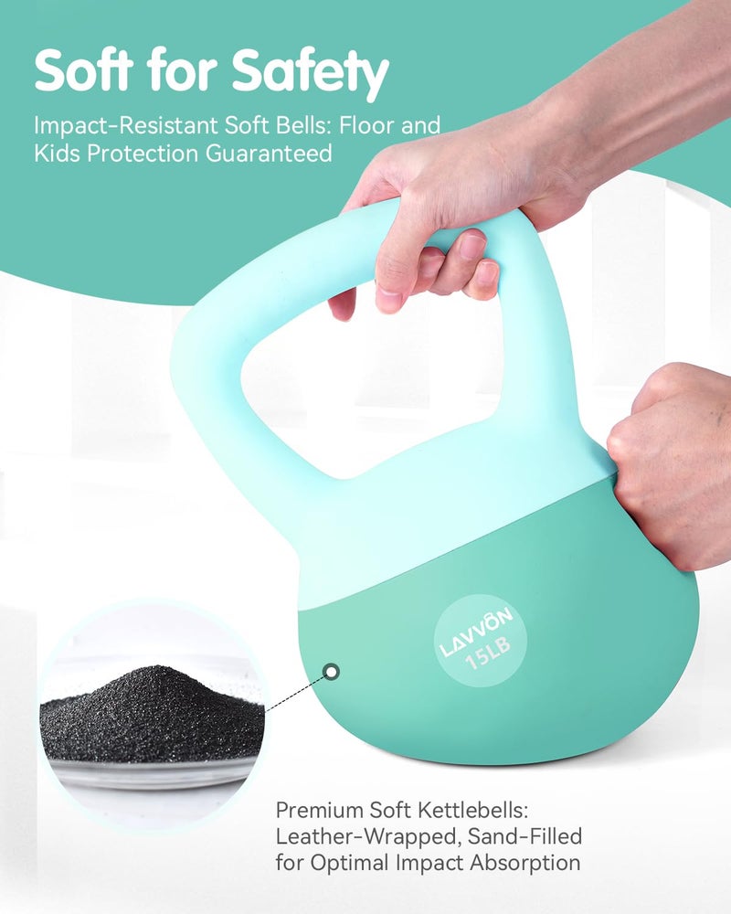 LAVVON Soft Kettlebell - Cushioned Impact-Resistant Base and Anti-Slip, Kettle bell Anti-Slip Grip Weight for Home Workouts, Safe Strength Training Kettlebells Sets for Women & Men, With Non-slip Gloves (Green, 15 LB) - Image 2