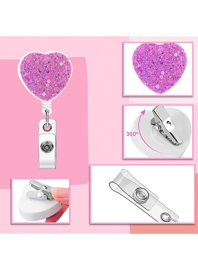 إيروريكس مجموعة من 3 بكرات حامل شارة الهوية القابلة للسحب مع مشبك لامع، حامل بطاقة قابل للسحب لموظفي المكتب والمعلمين والأطباء والممرضات على شكل قلب - Image 3