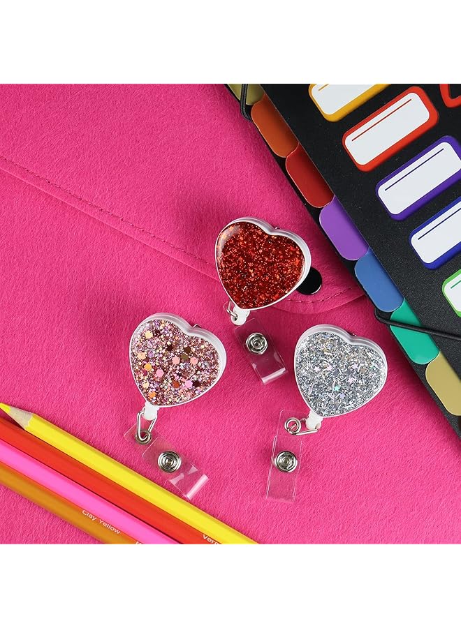 إيروريكس مجموعة من 3 بكرات حامل شارة الهوية القابلة للسحب مع مشبك لامع، حامل بطاقة قابل للسحب لموظفي المكتب والمعلمين والأطباء والممرضات على شكل قلب - Image 5