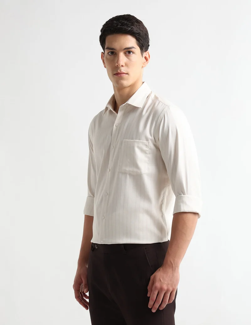 Arrow Beige Vertical Striped Auto Press Shirt for Men | Best Price UAE