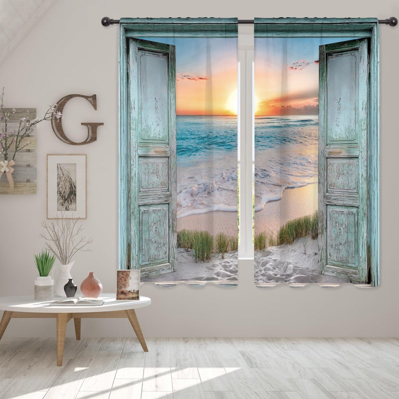 Riyidecor Teal Ocean Sea Curtains Coastal Nautical Barn Wood Door Sunset Rod Pocket Turquoise Country Seaside Modern Men Women Bedroom Living Room Treatment Fabric 2 Panels 42Wx63H Inch - Image 1
