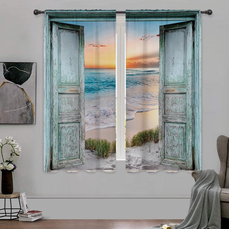 Riyidecor Teal Ocean Sea Curtains Coastal Nautical Barn Wood Door Sunset Rod Pocket Turquoise Country Seaside Modern Men Women Bedroom Living Room Treatment Fabric 2 Panels 42Wx63H Inch - Image 5