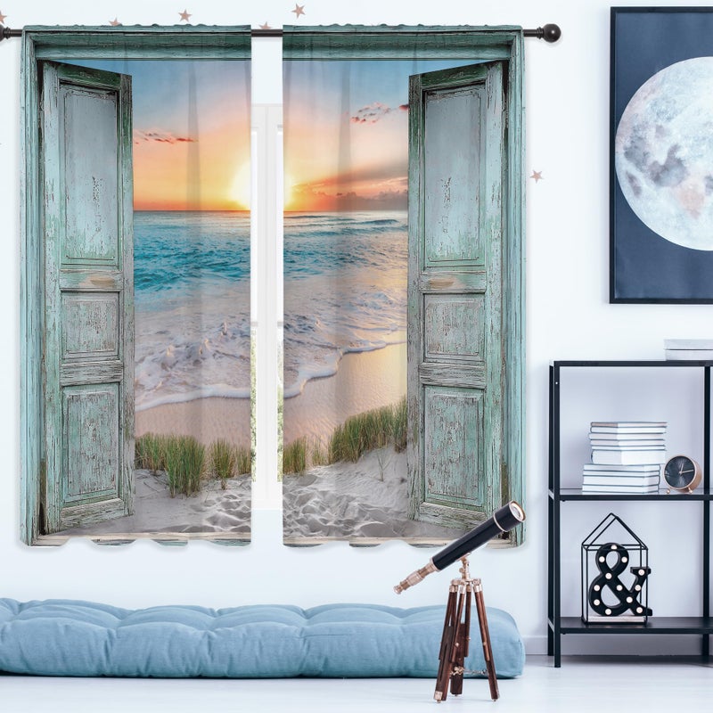 Riyidecor Teal Ocean Sea Curtains Coastal Nautical Barn Wood Door Sunset Rod Pocket Turquoise Country Seaside Modern Men Women Bedroom Living Room Treatment Fabric 2 Panels 42Wx63H Inch - Image 4
