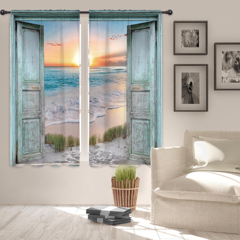 Riyidecor Teal Ocean Sea Curtains Coastal Nautical Barn Wood Door Sunset Rod Pocket Turquoise Country Seaside Modern Men Women Bedroom Living Room Treatment Fabric 2 Panels 42Wx63H Inch - Image 2