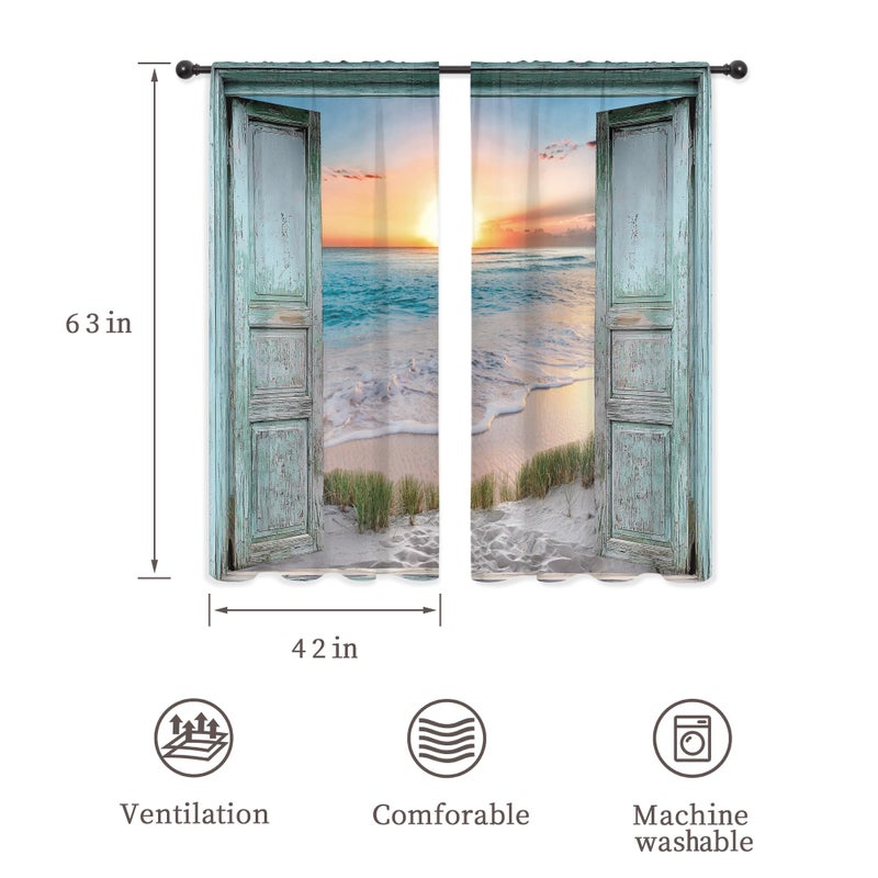 Riyidecor Teal Ocean Sea Curtains Coastal Nautical Barn Wood Door Sunset Rod Pocket Turquoise Country Seaside Modern Men Women Bedroom Living Room Treatment Fabric 2 Panels 42Wx63H Inch - Image 3