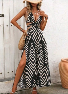 Shein SHEIN Backless Tie Neck Allover Print Hollow Out Side Slit Dress  - Image 1