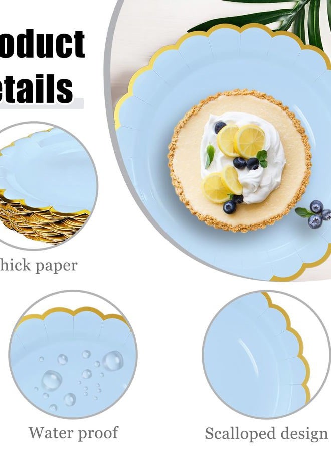 HEIPINIUYE 50 Pieces Light Blue Paper Plates with Gold Foil 7 Inch Disposable Baby Blue Scalloped Dinner Plates for Wedding Baby Shower Birthday Party Dessert Plate - Image 3