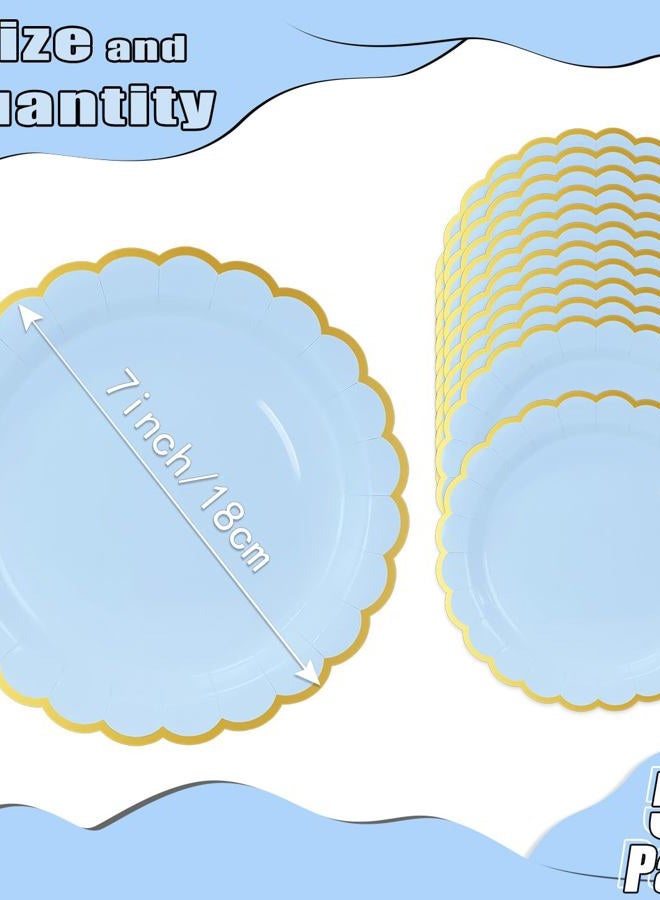 HEIPINIUYE 50 Pieces Light Blue Paper Plates with Gold Foil 7 Inch Disposable Baby Blue Scalloped Dinner Plates for Wedding Baby Shower Birthday Party Dessert Plate - Image 2