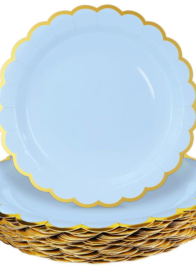 HEIPINIUYE 50 Pieces Light Blue Paper Plates with Gold Foil 7 Inch Disposable Baby Blue Scalloped Dinner Plates for Wedding Baby Shower Birthday Party Dessert Plate - Image 1