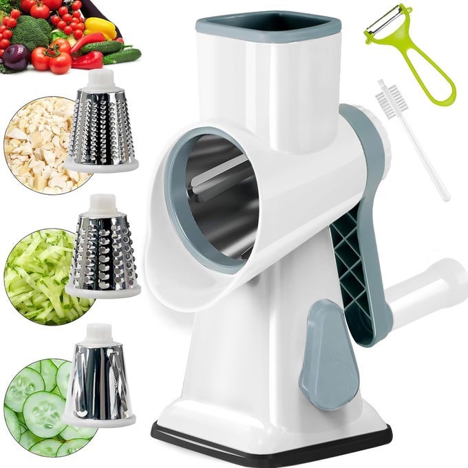 ROTARY CHEESE GRATER MULTIPURPOSE STAINLESS STEEL CHEESE SHREDDER CHEESE GRATER WITH HANDLE EFFORTLESS GRATING OF CARROTS POTATOES VEGETABLES AND FRUITS WHITE
