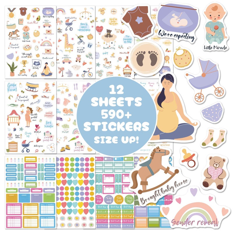 BIROYAL Baby Scrapbook Supplies - Baby Scrapbook Stickers - 12 Sheets/590+ Sticker - 6.7" x 9.5" - New Pregnancy & Baby's First Year Planner Sticker for Scrapbooking - Pregnancy Stickers for Scrapbooking - Image 1