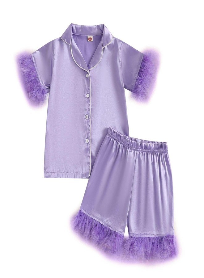 Ayalinggo Toddler Silk Pajamas Baby Kids Girl Satin Summer Pjs Feather Pajamas Short Sleeve Sleepwear Nightgown Shorts Set (Purple, 5-6 Years) - Image 1