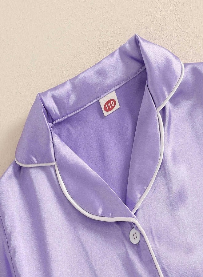Ayalinggo Toddler Silk Pajamas Baby Kids Girl Satin Summer Pjs Feather Pajamas Short Sleeve Sleepwear Nightgown Shorts Set (Purple, 5-6 Years) - Image 2