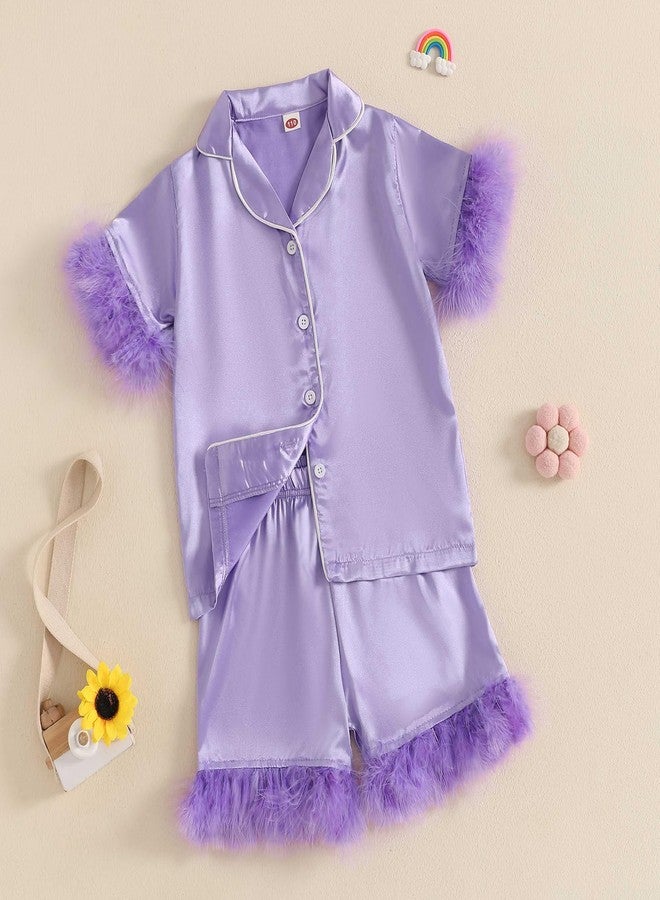 Ayalinggo Toddler Silk Pajamas Baby Kids Girl Satin Summer Pjs Feather Pajamas Short Sleeve Sleepwear Nightgown Shorts Set (Purple, 5-6 Years) - Image 3