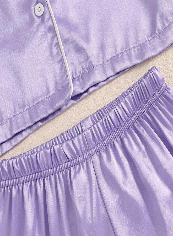 Ayalinggo Toddler Silk Pajamas Baby Kids Girl Satin Summer Pjs Feather Pajamas Short Sleeve Sleepwear Nightgown Shorts Set (Purple, 5-6 Years) - Image 5