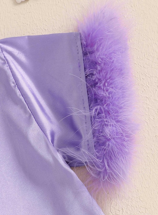 Ayalinggo Toddler Silk Pajamas Baby Kids Girl Satin Summer Pjs Feather Pajamas Short Sleeve Sleepwear Nightgown Shorts Set (Purple, 5-6 Years) - Image 4