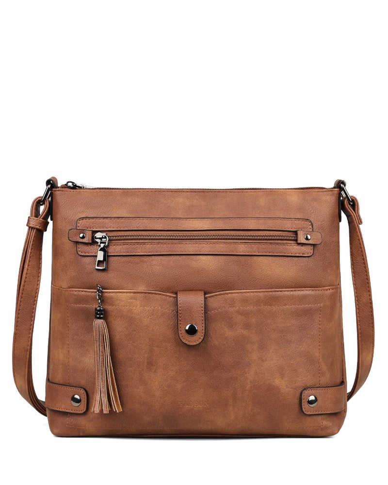 FADEON Large Crossbody Bags Purses for Women Crossbody Bag, Designer Faux Leather Cross Body Purse Multi Pocket Shoulder Bag Brown - Image 1