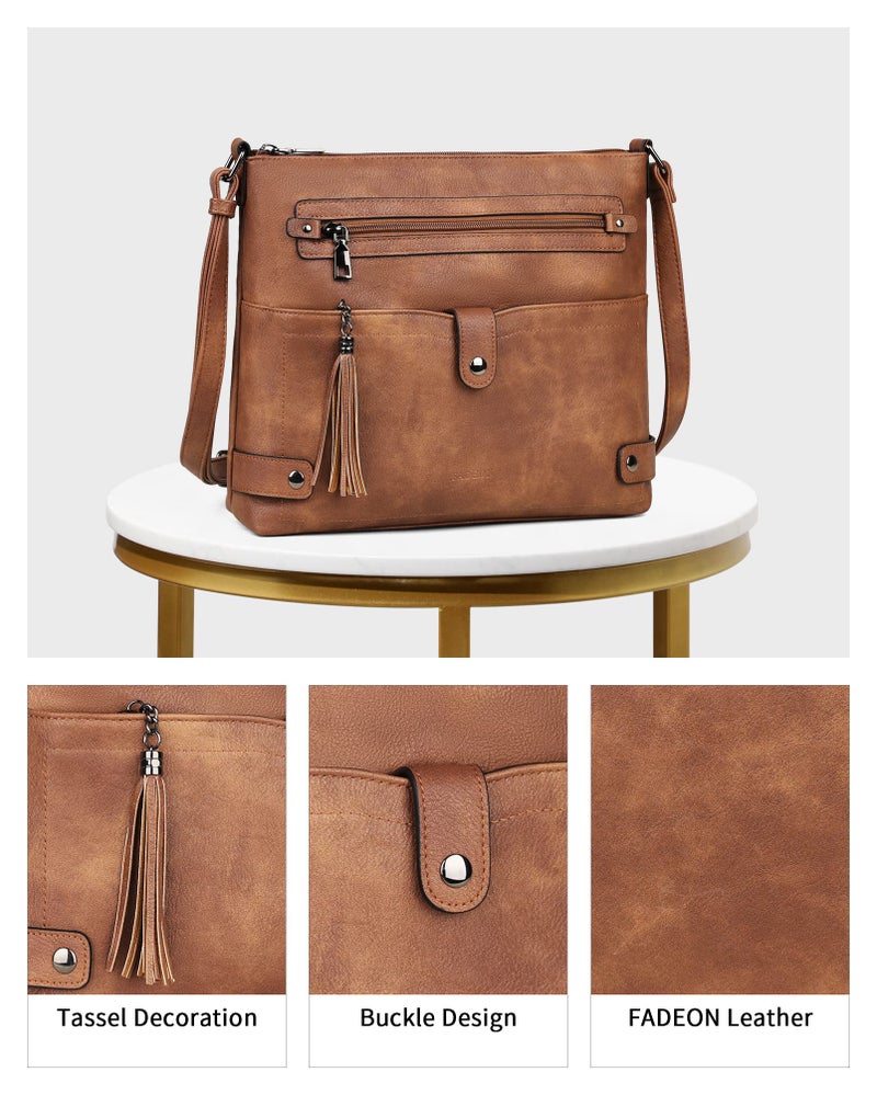 FADEON Large Crossbody Bags Purses for Women Crossbody Bag, Designer Faux Leather Cross Body Purse Multi Pocket Shoulder Bag Brown - Image 5