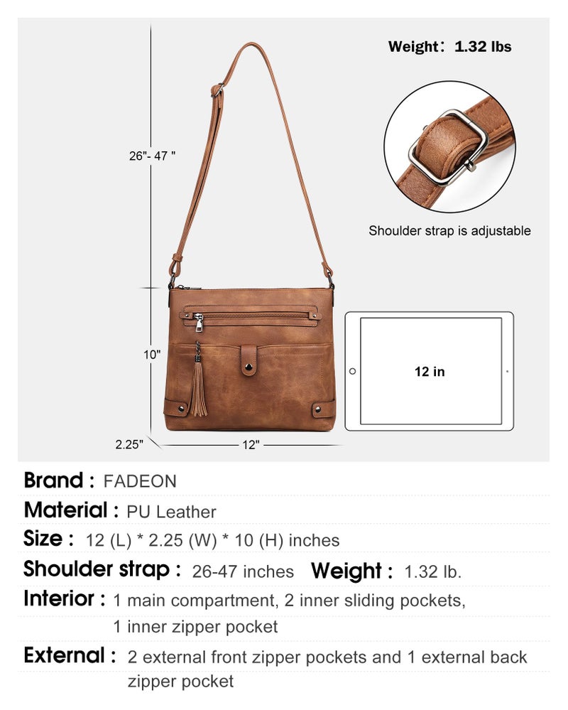 FADEON Large Crossbody Bags Purses for Women Crossbody Bag, Designer Faux Leather Cross Body Purse Multi Pocket Shoulder Bag Brown - Image 4