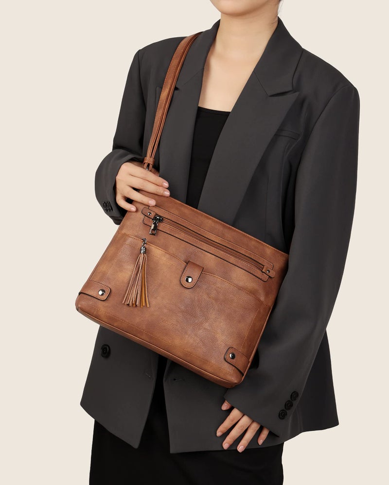 FADEON Large Crossbody Bags Purses for Women Crossbody Bag, Designer Faux Leather Cross Body Purse Multi Pocket Shoulder Bag Brown - Image 2