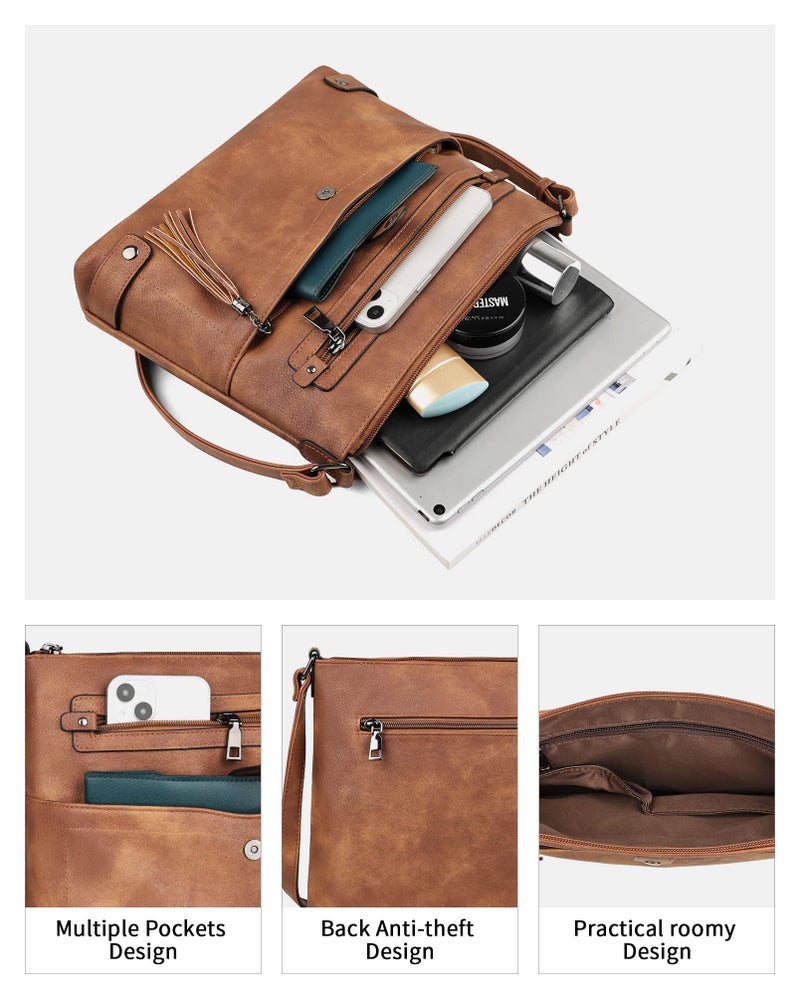FADEON Large Crossbody Bags Purses for Women Crossbody Bag, Designer Faux Leather Cross Body Purse Multi Pocket Shoulder Bag Brown - Image 3
