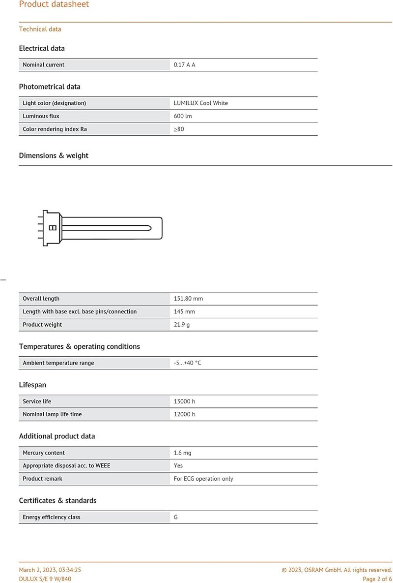 Osram Dulux S/E 9W Fluorescent Lamp - Image 2