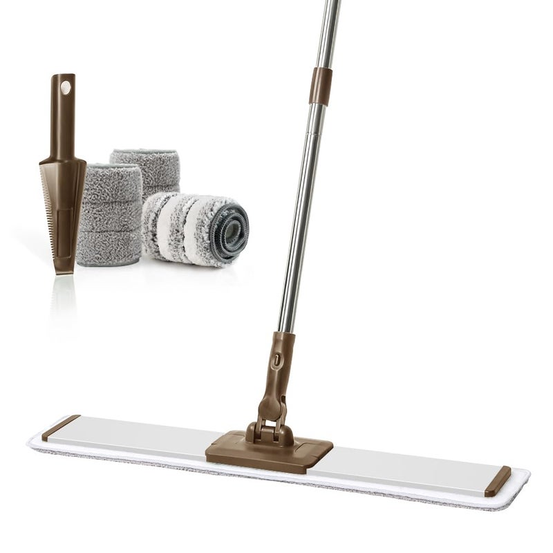 CQT Commercial Flat Microfiber Floor Mop Cleaning System 24 Inch Wet Dry and Dust Hardwood with 4 Washable Pads Cleaner for Laminate Tile Stainless Steel Handle and Extension PT14 Brown