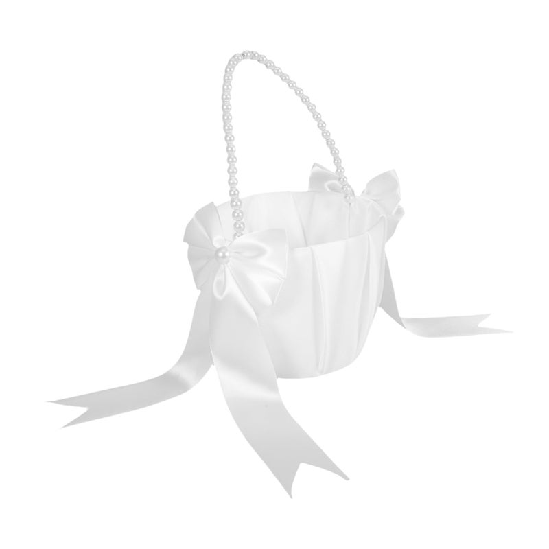 Boho Wedding Flower Girl Basket with Bowknot Pearl Handle for Petals - Image 2