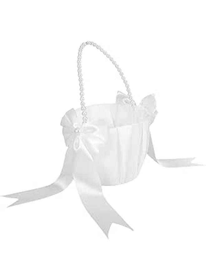 Boho Wedding Flower Girl Basket with Bowknot Pearl Handle for Petals - Image 1